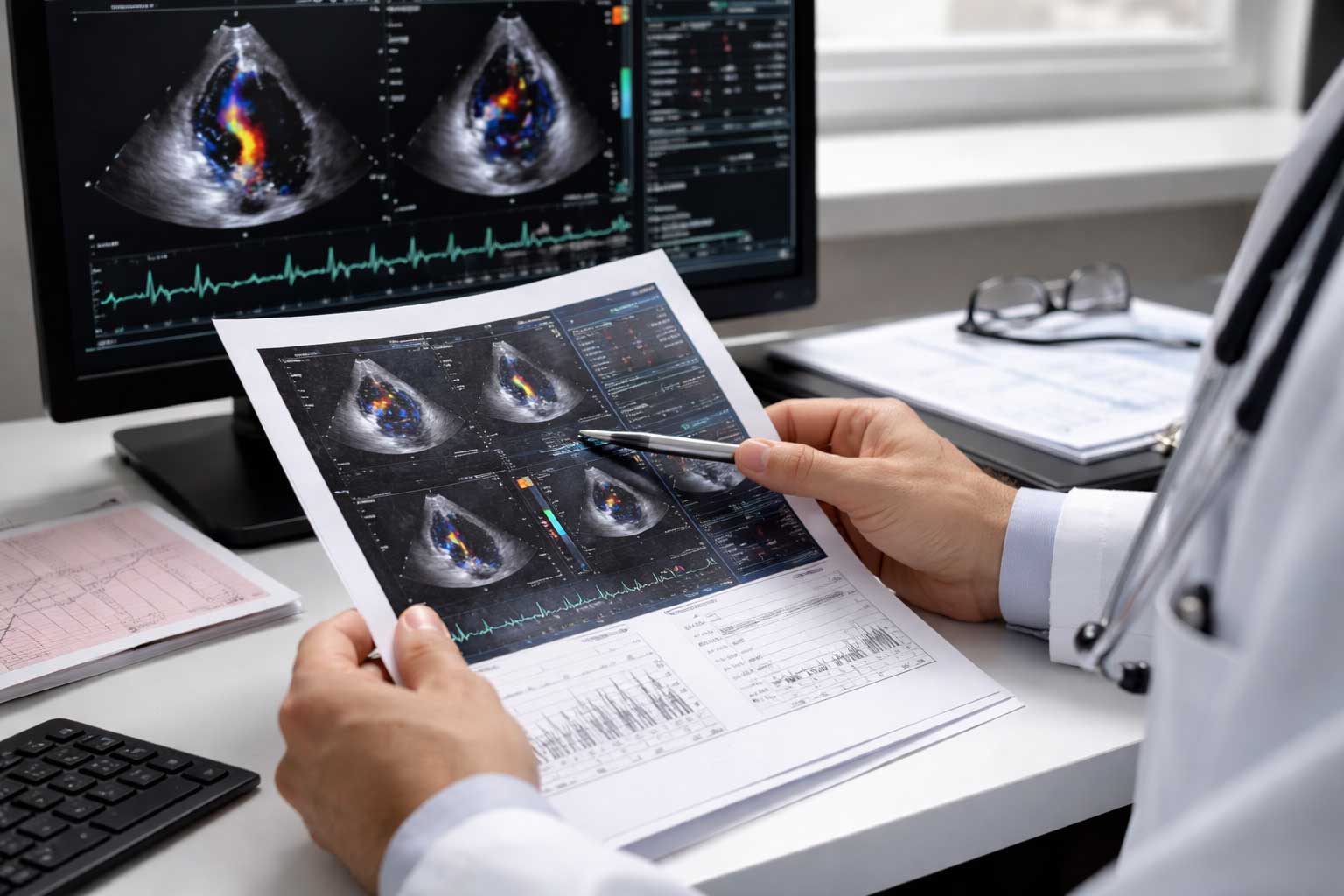 Ecocardiograma avaliando alterações no funcionamento do coração após infarto descrição