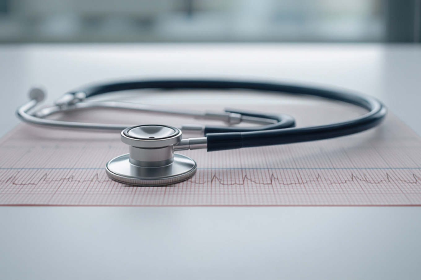 Estetoscópio sobre fita de eletrocardiograma em mesa de consultório médico