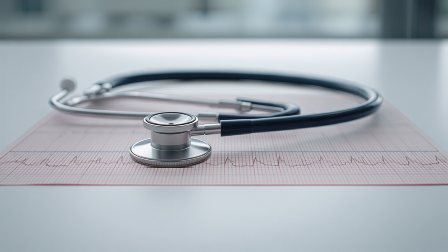 Estetoscópio sobre fita de eletrocardiograma em mesa de consultório médico